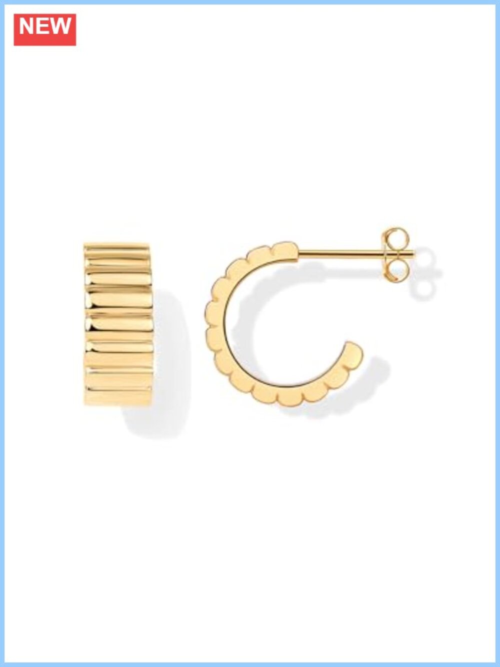 14K Gold Plated Ribbed Hoop Earrings Chunky Ridged 15mm Everyday